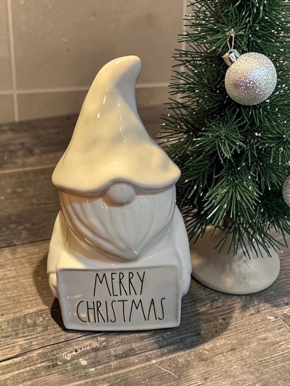 Rae Dunn White Ceramic Gnome - Merry Christmas Plaque